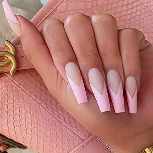24 Pcs Coffin Press on Nails Long, Sunjasmine Fake Nails Glue on Nails, Matte False Nails with Glue, Acrylic Nails for Women and Girls (Pink French)