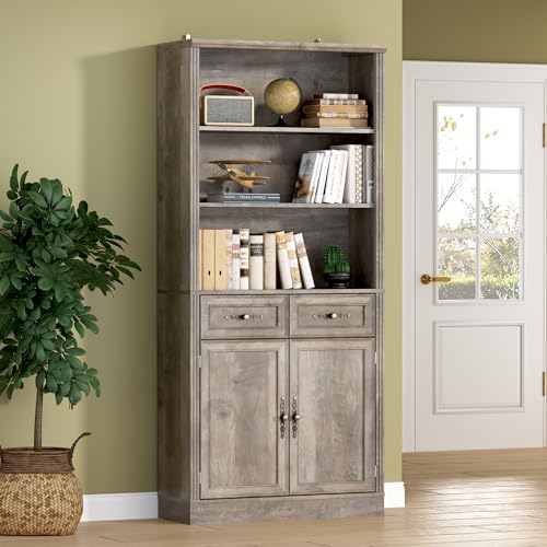 Image of BORNOON 70.1 inch Tall Bookshelf with Drawers & Cabinet, 5-Tier Floor Standing Bookcase with Storage Doors, Adjustable Shelves & Metal Handles, 31.5 inch Wide Organizer for Home Office, Living Room