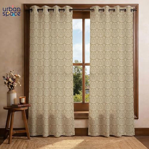 Image of Urban Space 100% Cotton Floral Curtains 8 Feet Long Set of 2, 60-65% Room Darkening, Decorative Curtains with Eyelets /Rings for Hanging, Tieback Included (Canopy Beige, Long Door - 8 Feet)