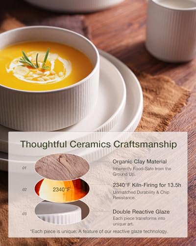 Image of Famiware Star 8-Piece Stoneware Dinnerware Sets for 4 - 10.5 inch Flat Dinner Plates & 23 oz Deep Cereal Bowls, for Everyday & Formal Use, Chip & Scratch Resistant, Microwave /Dishwasher Safe, Matte White
