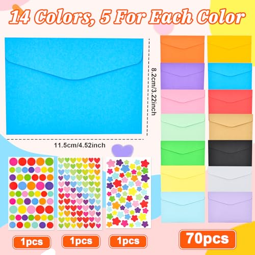 LPAMABA 70 Stück Briefumschläge 14 Farben Umschläge Briefumschläge Bunt Mini Umschläge Set Briefumschlag ohne Fenster mit 3 Blatt Aufkleber für Hochzeit Gruß-Karten Einladungen, 115 * 82 mm