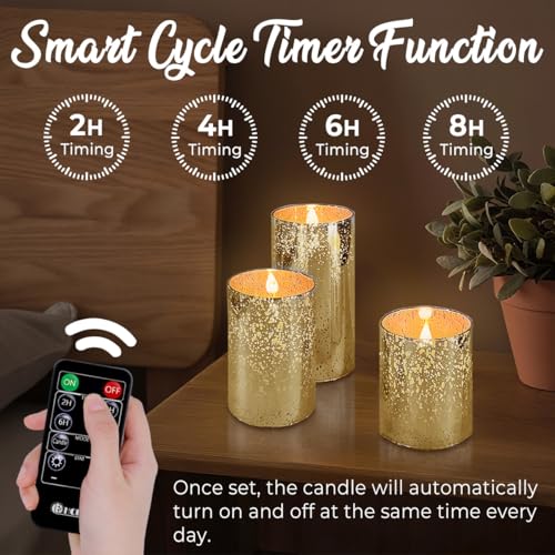 Image of LEDHOLYT Rechargeable Flameless Candle, Flickering LED Pillar Glass Fake Candle with Remote and Timer, Built-in Battery Real Wax Electronic Candle for Room Decoration, Set of 3