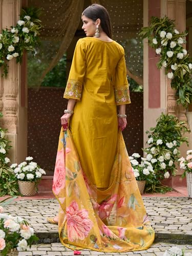 Image of INDO ERA Womens Silk Blend Embroidered Straight Kurta Pant Dupatta Set (IEOUT6989)
