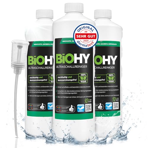 BiOHY Limpiador ultrasónico (3 botellas de 1 litro) + Dosificador | limpieza intensiva y suave de gafas, productos dentales, oro, monedas y joyas (Ultraschallreiniger)