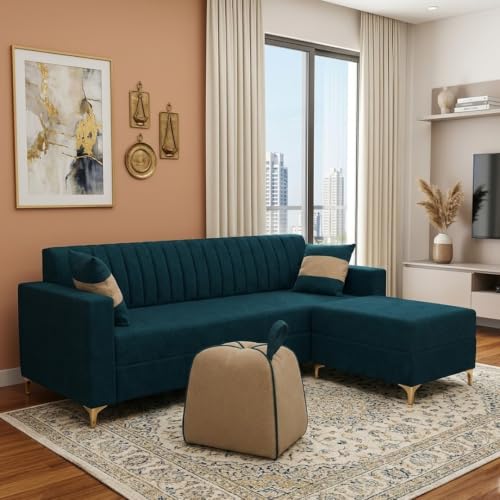 Image of FURNY Signature Regalia 4-Seater L-Shape Sofa Set with Movable Ottoman & Accent Suri Pouf | Flexible LHS /RHS Layout | Boston Fabric | 40D Foam + Zigzag Spring | 3-Yr Warranty (Peacock Green, Beige)