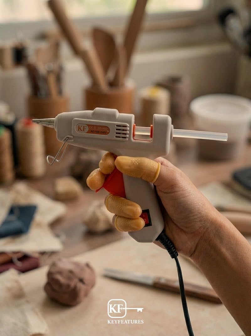 Hot Glue Gun Kit with 30 Glue Sticks (4" x 0.28") / (10cm x 7mm) and 5 Finger Protectors – 110V Mini Glue Gun for Crafts, DIY, Quick Repairs – Keyfeatures