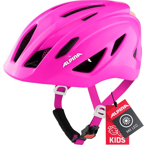 ALPINA PICO Flash - Beleuchteter, Leichter & Bruchfester Fahrradhelm Mit Fliegennetz Für Kinder, pink Gloss, 50-55 cm