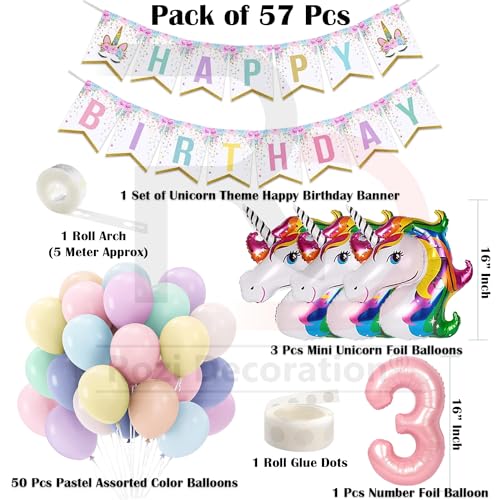 Image of Rozi Decoration Unicorn Theme 3rd Birthday Decorations Items for Girls Decor Set of 57 Pcs Happy Birthday Decoration for Girls Unicorn Theme, Third Birthday Decoration Items for Girls