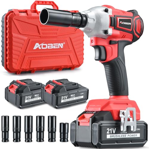 AOBEN Cordless Impact Wrench 1/2 inch,21V 300N.m Brushless Impact Gun with 2X 4.0Ah Battery,Charger & 6 Sockets,Electric Impact Wrench for Car Home (2 battery)