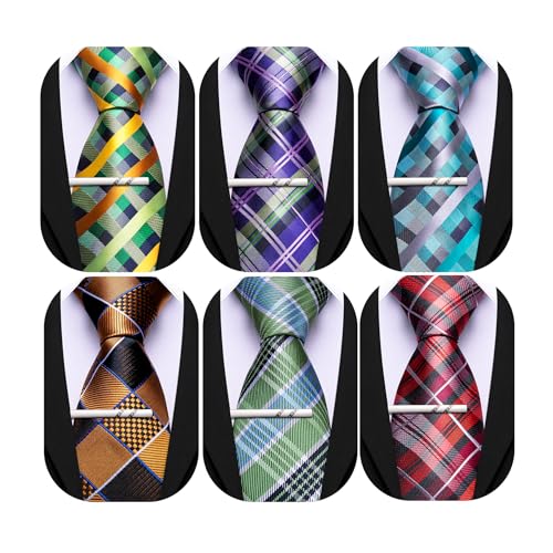 Image of Barry.Wang Mens 6 PCS Ties Silk Striped Paisley Check Floral Necktie Silky Woven Wedding Business Party Ties 3.34 inch