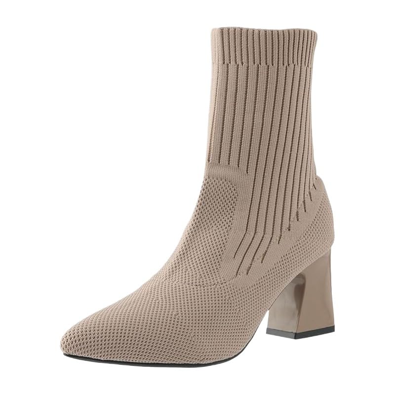 Womens Pointed Toe Ankle Boots - Minimalist Chunky Heel Sock Booties Stretch Slim Fit Casual Boots for Fall