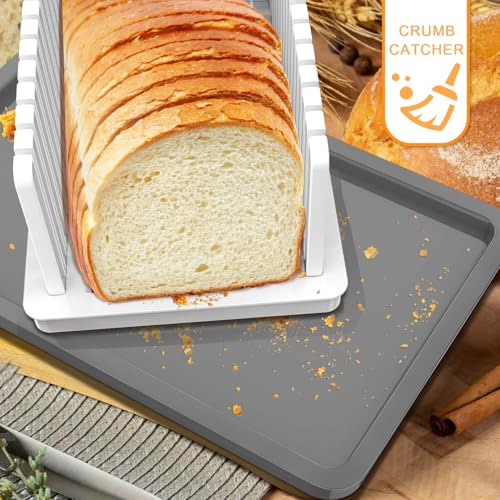 Image of Kiss Core New Upgrade Bread Slicer for Homemade Bread with Adjustable Width | Bread Slicing Guide Foldable and Compact Cutting Guide with Crumb Tray Suitability for Homemade Bread Bagel Cakes