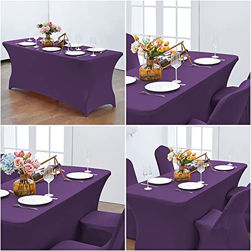 Image of CWK 8FT Waterproof Stretch Spandex Table Cover for Rectangular Tables - Elastic Fitted Tablecloth for Folding Tables,Wrinkle Resistant Table Cloth for Parties, Weddings, Banquets & Events (Dark Puple)