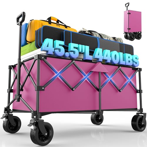 45.5 L Kitsure Collapsible Wagon - Heavy Duty Foldable Wagon with 440lbs Capacity Adjustable Handle Shopping Cart with Wheels for Camping Groceries Pink 45.5 x 24.0 x 38.0