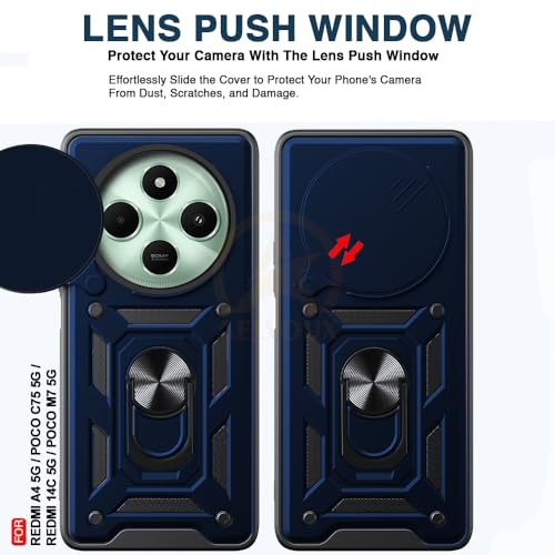 Image of Armor Bumper Back Cover Case for Redmi A4 5G / Redmi 14C 5G / Poco C75 5G / Poco M7 5G Rotating Camera Cover, Ring Holder & Kickstand | Heavy Duty & 360 Degree Protection Back Cover (Blue)