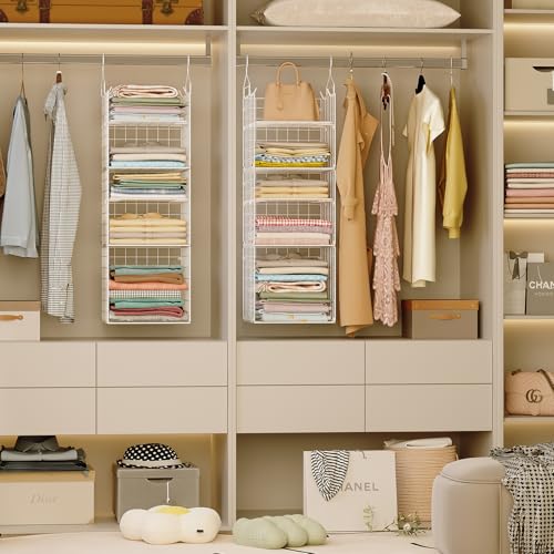 Image of X-cosrack Closet Hanging Organizer and Storage - 5 Tier Hanging Shelves, Wire Closet Shelf Organizer Basket with Adjustable Dividers for Home Clothing Sweaters Shoes Handbags