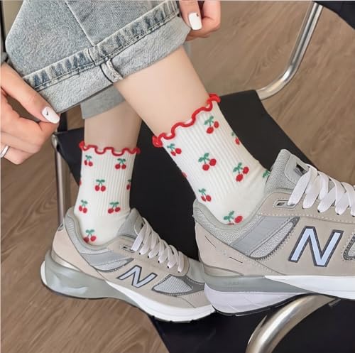 Image of Women's Cute Crew Socks, Casual Athletic Cotton Bowknot Cherry Calf Novelty Socks for Women