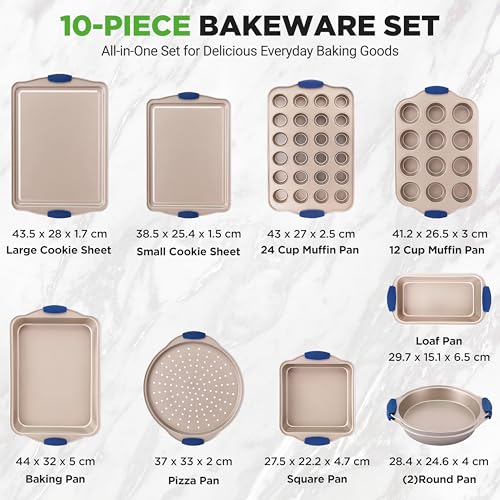 NutriChef Kitchen Oven Baking Pans - Deluxe Nonstick Gold Coating Inside & Outside Carbon Steel Bakeware Set with Blue Silicone Handles, Durable & Reliable Cookie Sheet Oven Pan Style