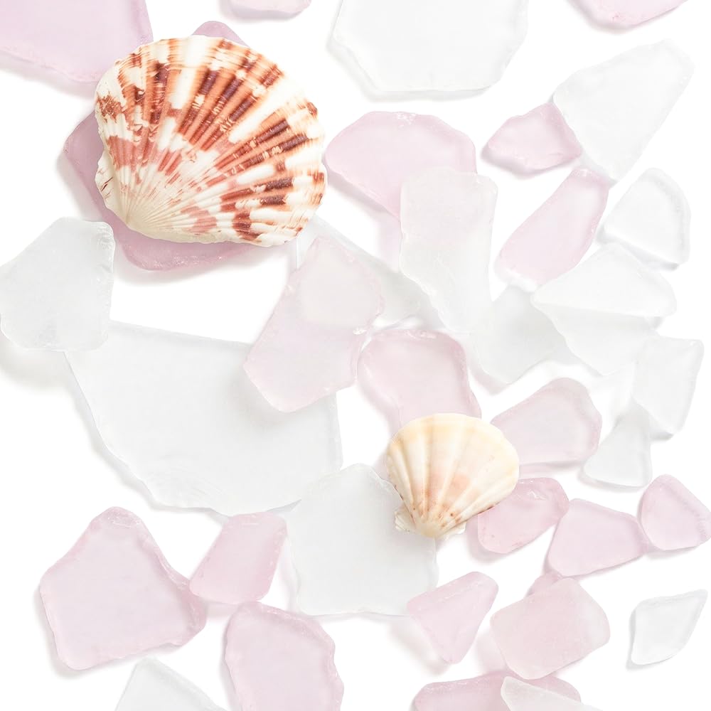 G&S Homedeko White/Pink Sea Glass 10Oz Bulk Mix With 2 Pieces Seashells - Genuine Beach Tumbled Glass Pieces For Crafts, Vase Filler, Coastal Home Decor, Diy Projects, Gift Filling