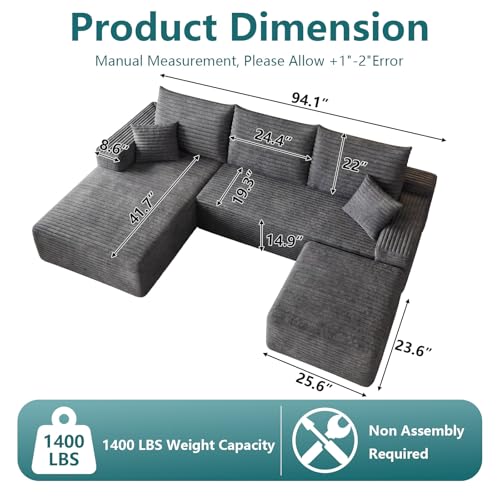Image of 95 inch U-Shape Cloud Couch, Modern Modular Sectional L-Shape Sofa with Ottoman, Corduroy Upholstered Couches Deep Seat Sleeper Chaise Longue for Living Room, No Assembly Required(Dark Gray, Left Facing)