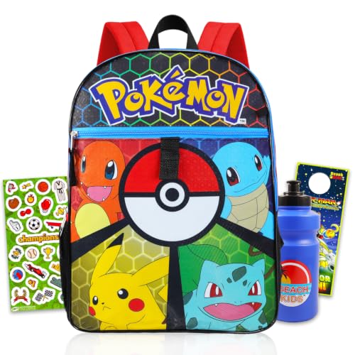 Pokemon Mochila para meninos – Pacote com mochila Pokemon de 40,6 cm, estojo utilitário, porta-lápis, garrafa de água, adesivos, mais | Conjunto de mochila Pokemon para crianças, meninos, meninas