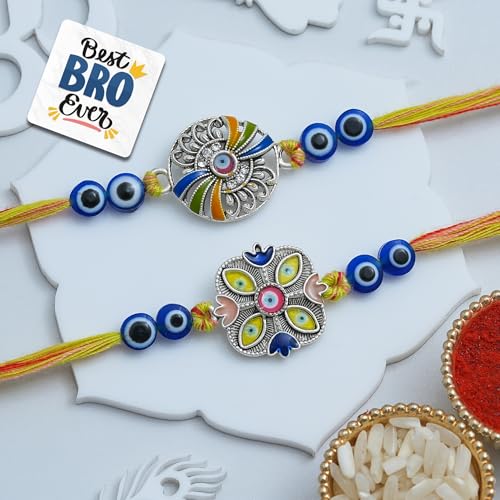 Image of eCraftIndia Handcrafted Evil Eye Beautiful Floral Rakhi for Brother Bhaiya Bhai with Best Bro Ever Fridge Magnet | Roli Chawal Pack