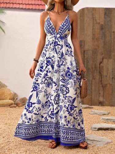 MakeMeChic Women's Summer Blue and White Floral Dress Boho Backless Maxi Sundress Spaghetti Strap Flowy Dress4