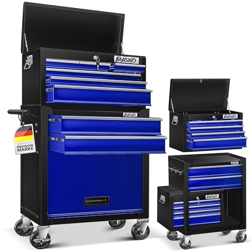 MASKO® Werkstattwagen inkl. Koffer - 9 Fächer Abschließbar | Massives Metall | Mobiler Werkzeug-Wagen ohne Werkzeug | Profi| Rollwagen zur Werkzeugaufbewahrung mit Schloss | Blau