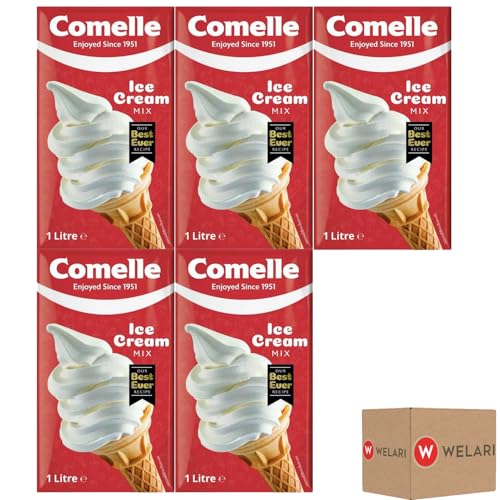 Comelle Ice Cream Mix Vanilla Soft Serve 1L Pack of 5 Instant Ready to Freeze UHT Long Life Dairy Skimmed Milk Sundea Mouse Dessert Shake with Welari Thank You Card | (5pack) (5L)