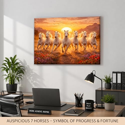 Image of Rousrie Big Size 7 Horses Vastu Frame Wall Art Painting, White Running Horses on Water, Rising Sun Wall Decor, Multicolor (45 cm x 60 cm - Design 2)