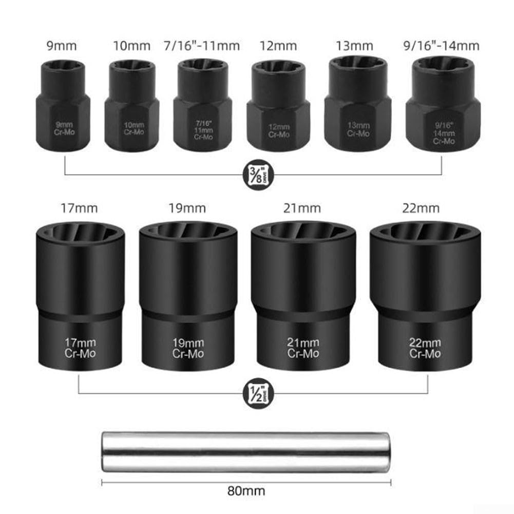 Lot de 11 extracteurs d'écrous et de boulons avec barre adaptateur de douille pour visseuse à percussion et cliquet en acier chromé