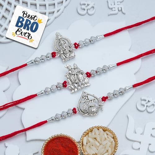 Image of eCraftIndia Set of 3 Rakhi for Brother Lord Ganesha Radha Krishna Playing Flute Dahi Handi Flute Mor Pankh Designer Rakhis with Best Bro Ever Fridge Magnet | Roli Chawal Pack