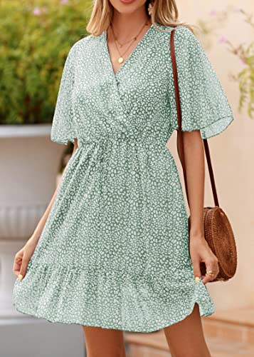 Kirundo 2023 Women's Summer Dresses Casual Short Sleeve V Neck Ruffle Leopard Print High Waist Flowy Mini Dress With Belt(X-Large, Green) #TOP1