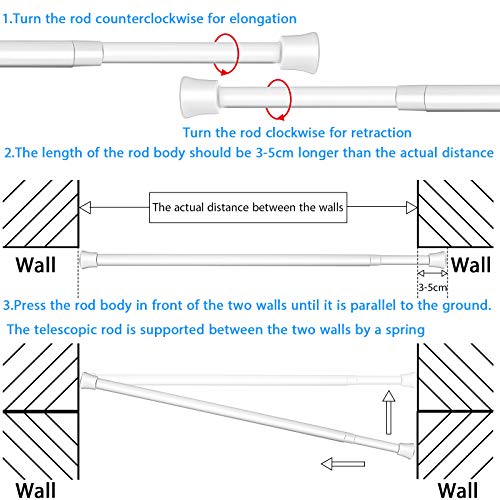 2 Pezzi Asta di Tensione Regolabile Asta per Tende a Molla Allungabile con 4 Gancio Autoadesivo per Armadio Guardaroba Libreria Piccola Finestra Bianco, Lunghezza da 15,7 a 27,5 Pollici - Image 4