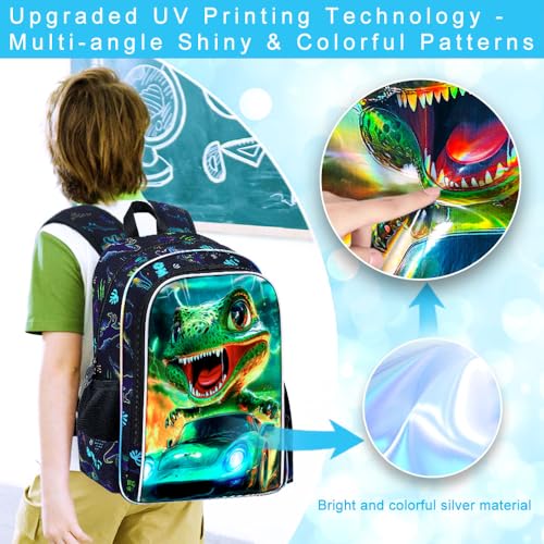 Image of 16 inch Dinosaur Backpack for Boy, 3Pcs Cars Bookbag with Lunch Box, Kids School Backpacks for Elementary Preschool Kindergarten (Black)