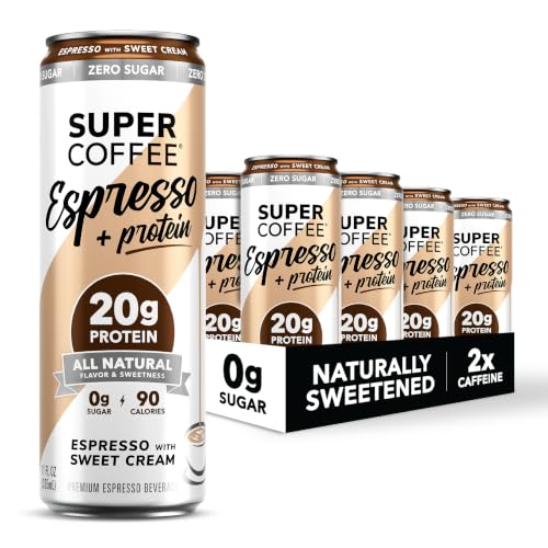 Super Coffee Espresso &amp; Cream, Iced Coffee, 20g Protein 0 Sugar, 11oz 12Pk