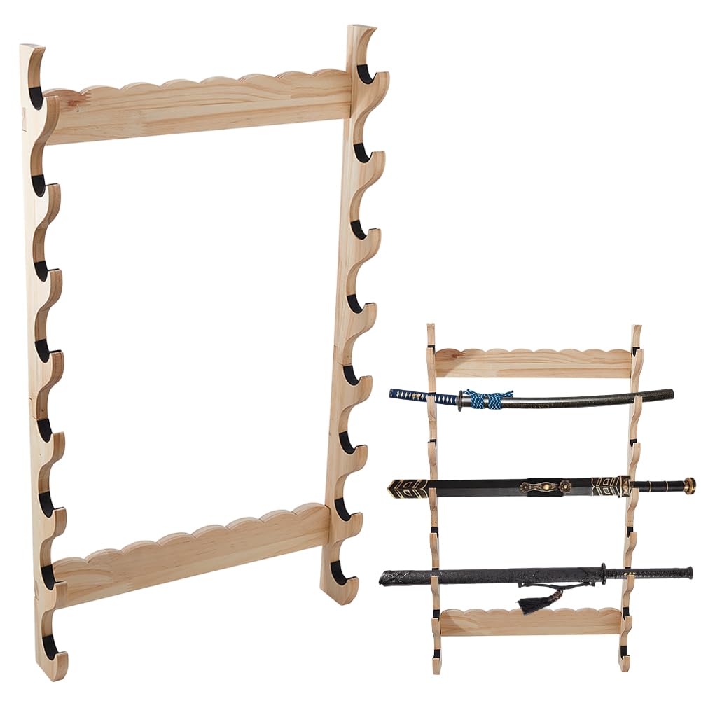 DICOSMETIC 8-Tier Sword Katana Wall Mount Holder Plaque Swords Hanger Sword Display Holder BurlyWood Japanese Swords Rack Hanger for Home Decor Collectors Men Husband Gift