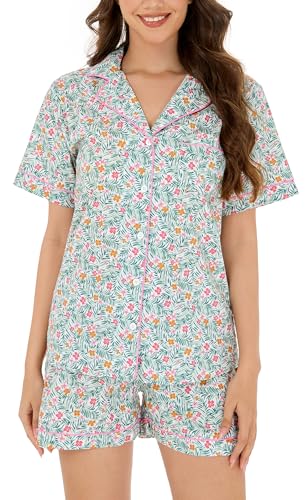 Image of LUBOT 100% Cotton Pajamas for Women 2 Piece PJ Set Poplin Woven Lightweight Ladies Button Short Sleeve Sleepwear S-XXL