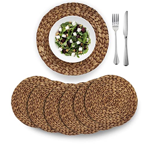 BARIEN Brown Woven Placemats Round Set of 6, Natural Water Hyacinth Weave Placemat for Dining Table, Large Handmade Woven Placemats Heat Resistant Non-Slip (14