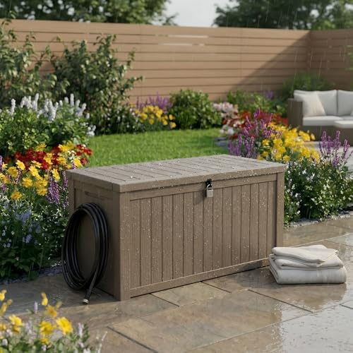 Image of 198 Gallon Resin Deck Box - Finally, a Lockable Outdoor Storage That Fits Everything (Cushions, Tools, Pool Gear & BBQ) - Weatherproof Wood Grain Design for Patio, Garden, Office, Home Indoor Outdoor