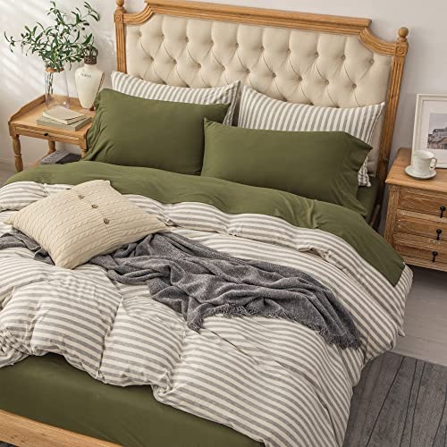 PURE ERA Jersey Knit 4pc Bed Sheet Set 100% T-Shirt Heather Cotton Super Soft Comfy Breathable Fits Mattress Up to 20" Extra Deep Pocket(Olive Green, Queen)