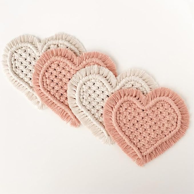 Dessous de verre macramé cœur lot de 4 idée cadeau bohème rose