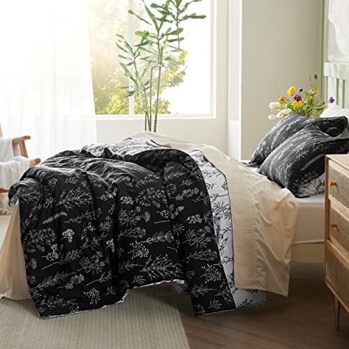 Image of Bedsure Queen Comforter Set - Black Bed Set, 3 Pieces Cute Floral Bedding, 1 Soft Reversible Botanical Flowers Comforter and 2 Pillow Shams