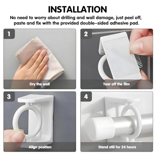 Image of HASTHIP 8Pcs Curtain Rod Holder Without Drill Self-Adhesive 360 Rotating Curtain Rod Brackets, Wall-Mounted Adjustable Holders for Towels, Room Dividers, Bathroom & Kitchen Storage