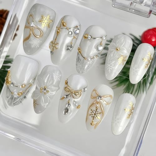 24Pcs Christmas Press on Nails Medium Almond Fake Nails with Hear...
