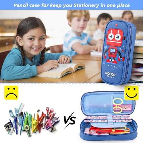 Image of Zest 4 Toyz Expandable Blue Robot Pencil Case | Pencil Pouch for Boys & Students | Large Capacity Compass Box Pencil Case for School | Big Stationery Organizer Pen Bag with Mesh Pocket