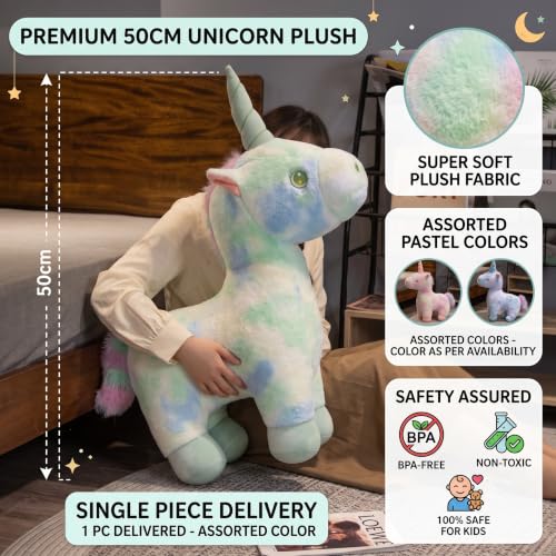 Image of Premium 50cm Unicorn Soft Toy for Kids | Super Soft Cuddly Stuffed Animal Plush | BPA-Free, Non-Toxic & 100% Safe | Large Magical Unicorn for Girls & Boys (Assorted Pastel Colors, 1 Piece)