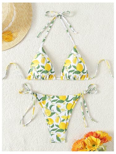 Women's 2 Piece Bikini Set Lemon Floral Print Halter Tie Backless Swimsuits Cute String Bathing Suit3