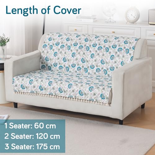 Image of HOKIPO Cerulean Bloom Quilted Sofa Cover for 2 Seater with Tassels for Seat & Back, 'Tassel Twigs' Series (IN-990-T6)