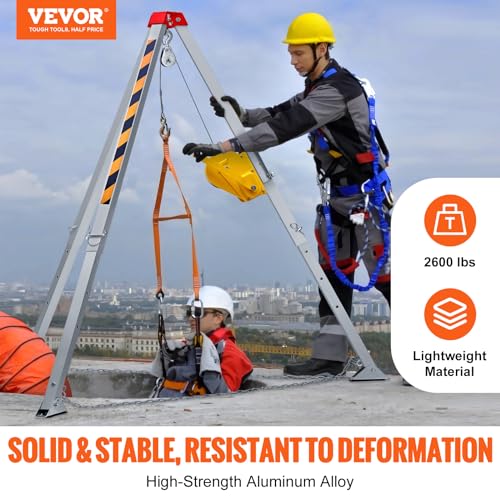 Image of VEVOR 2600 lbs Winch Confined Space Tripod Kit, Heavy Duty Rescue Tripod Lifting Hoist 98' Cable, 32.8' Fall Protection, 5-8ft Working Height, Portable Kit w /Harness Blower Gas detector
